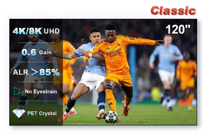 NothingProjector Classic 120-inch ALR screen promotional image showing 0.6 gain and 85% ALR